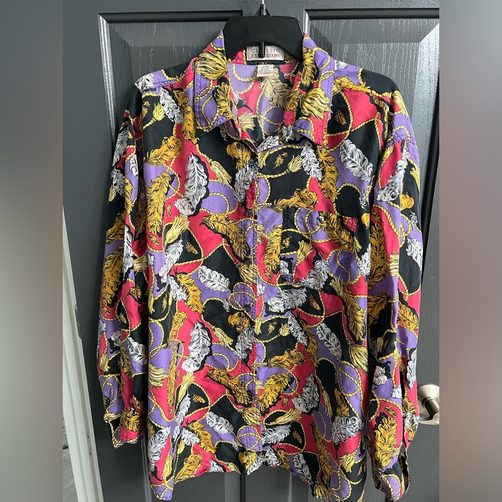 Classic Expressions 100% Silk Paisley blouse Purple, Black and Gold Size: 20W